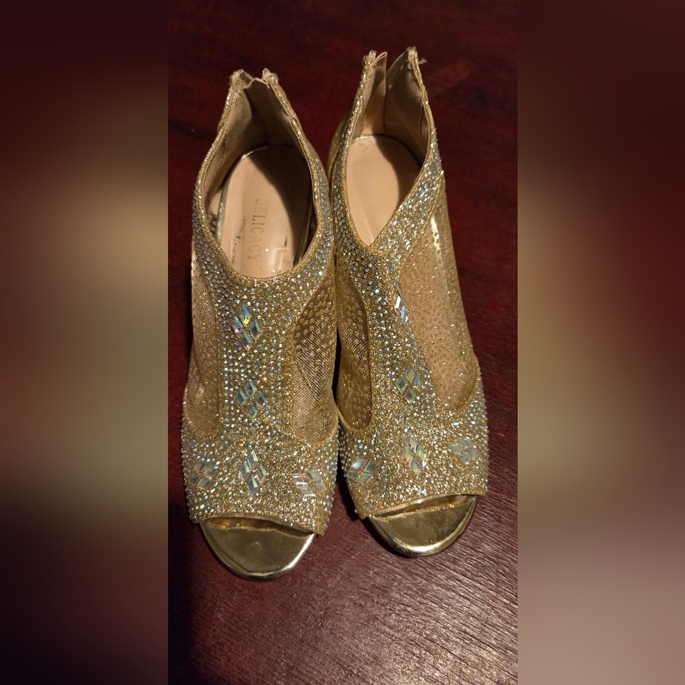 SOLD-Gold Crystal Embellished Peep-Toe Booties Size 7